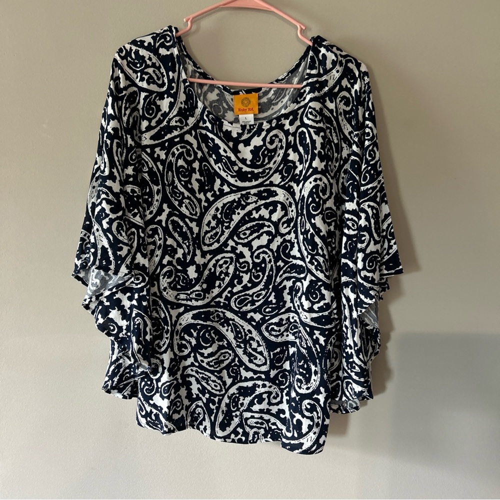 Ruby Rd. Navy & White Paisley Flutter Sleeve Tunic